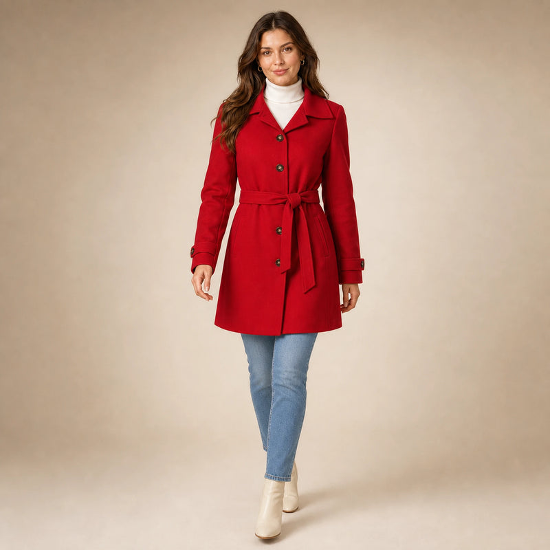 SOFAINE-V5-2026-07-07 Sofaine Emma women's belted trench coat in Red, styled full look