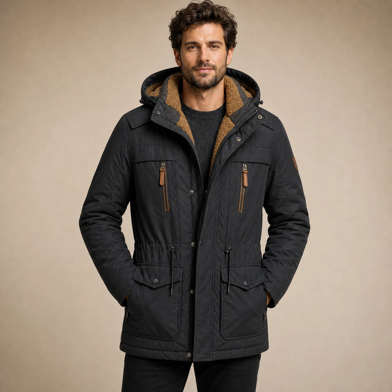 SOFAINE-V5-2026-07-07 Sofaine Oliver men's fleece-lined winter jacket in Black, worn hood and zip detail