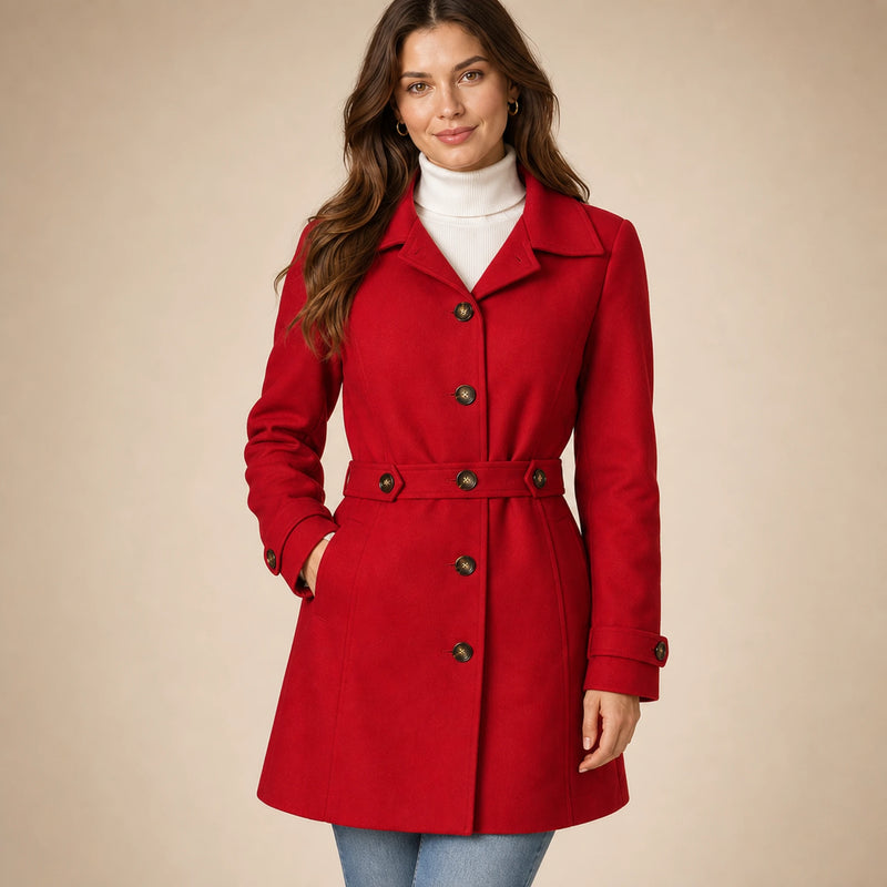 SOFAINE-V5-2026-07-07 Sofaine Emma women's belted trench coat in Red, worn belt and collar detail