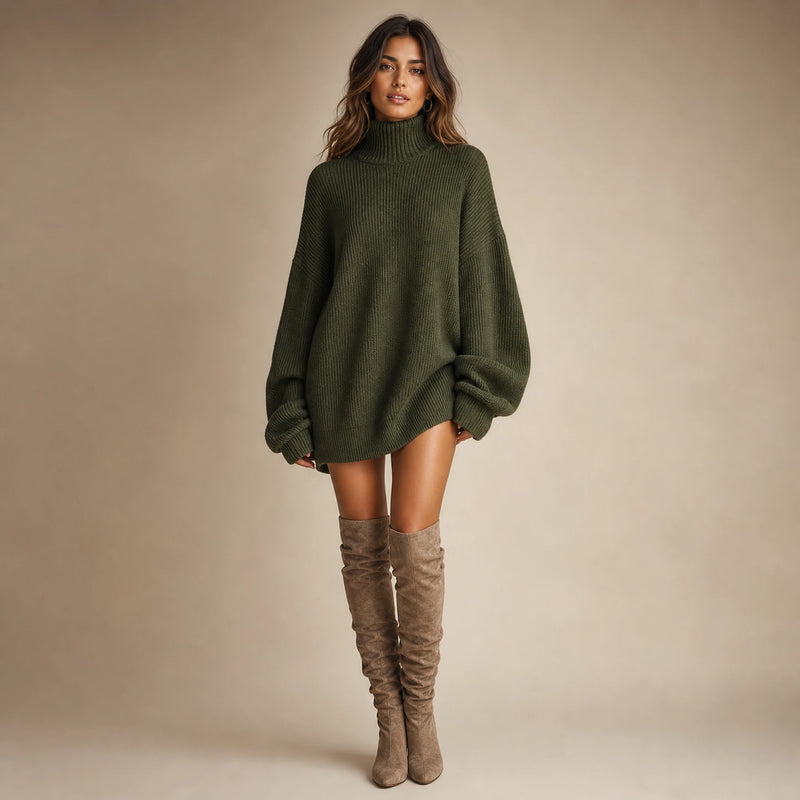 SOFAINE-V5-2026-07-07 Sofaine Maria women's turtleneck knit mini dress in Military Green, worn front hero
