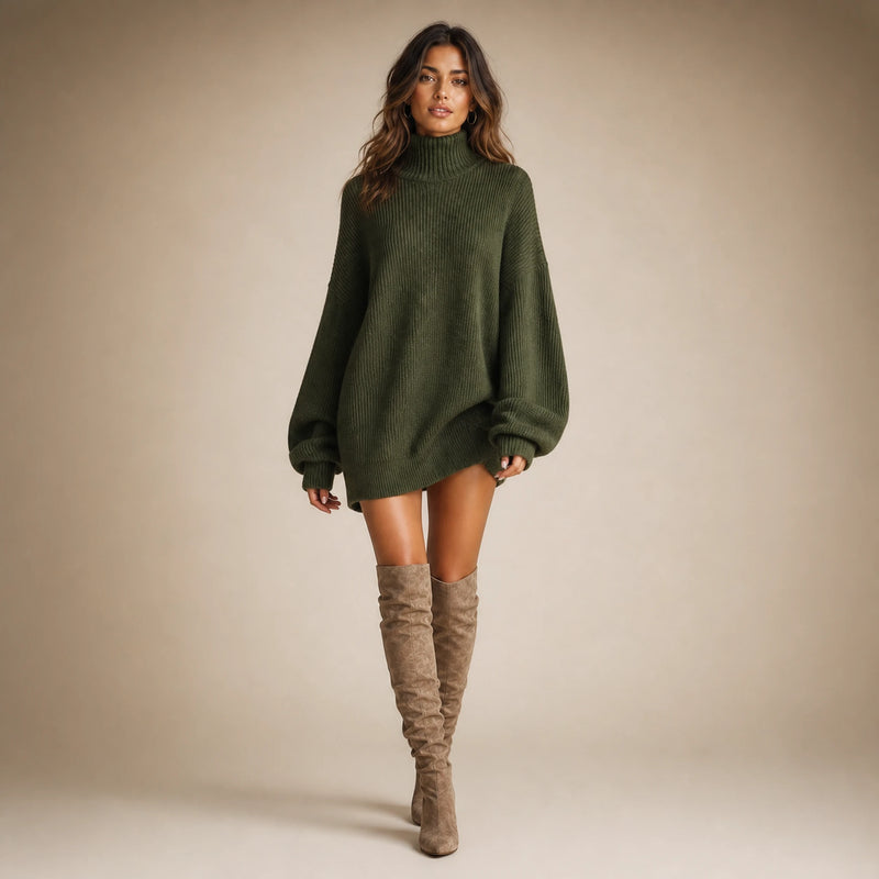 SOFAINE-V5-2026-07-07 Sofaine Maria women's turtleneck knit mini dress in Military Green, styled full look