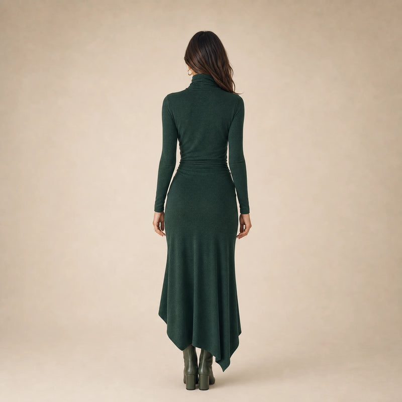 SOFAINE-V5-2026-07-07 Sofaine Isabella women's knit wrap midi dress in Dark Green, worn back