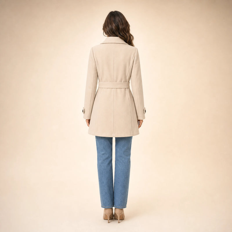 SOFAINE-V5-2026-07-07 Sofaine Emma women's belted trench coat in Champagne, worn back