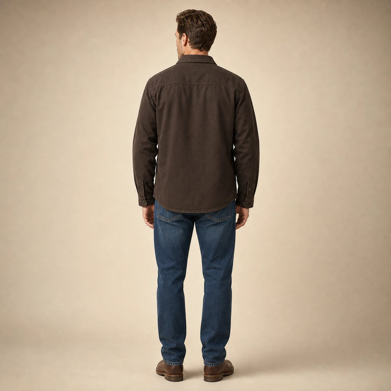 SOFAINE-V5-2026-07-07 Sofaine James men's waxed cotton jacket in Dark Brown, worn back