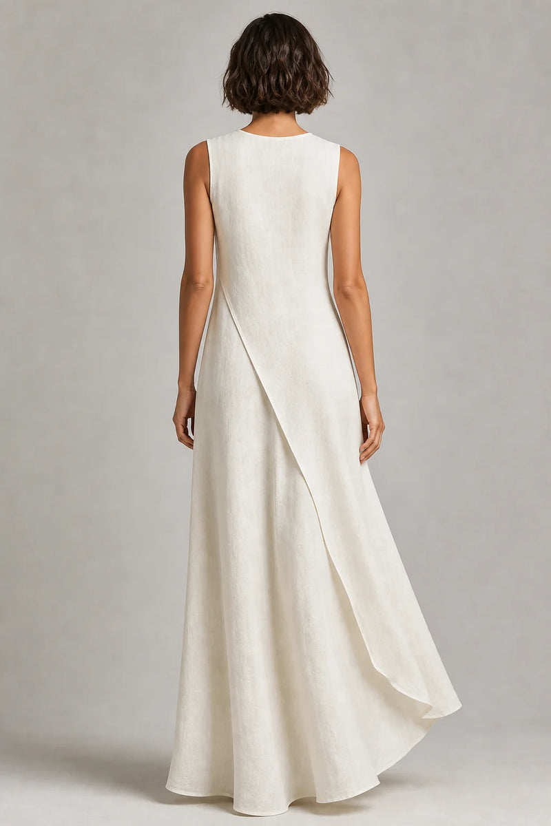 Sofaine Daphne asymmetric drape linen maxi dress in Ivory, worn back