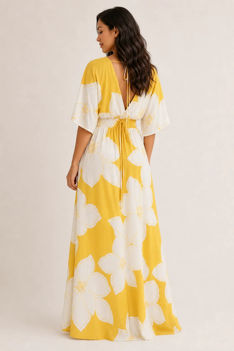 Sofaine Giselle magnolia floral-print maxi dress in Yellow, open V-back worn