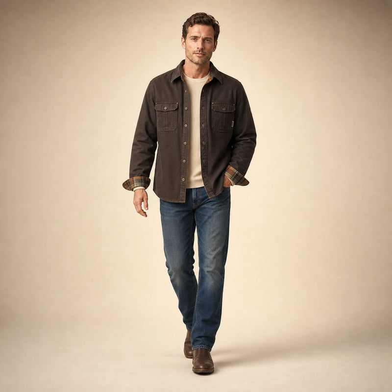 SOFAINE-V5-2026-07-07 Sofaine James men's waxed cotton jacket in Dark Brown, styled full look