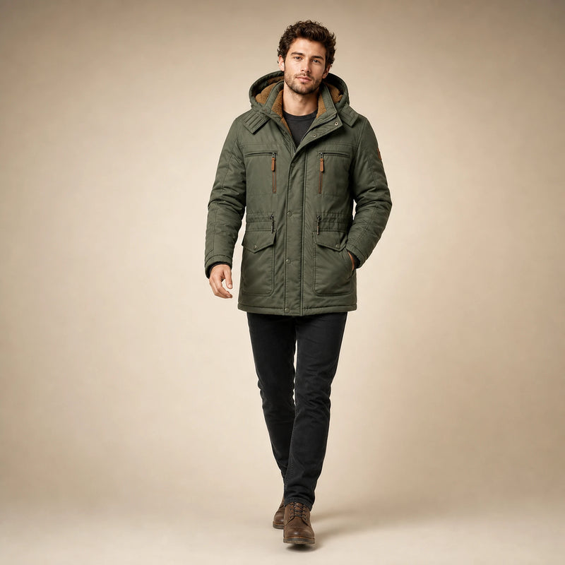 SOFAINE-V5-2026-07-07 Sofaine Oliver men's fleece-lined winter jacket in Green, styled full look