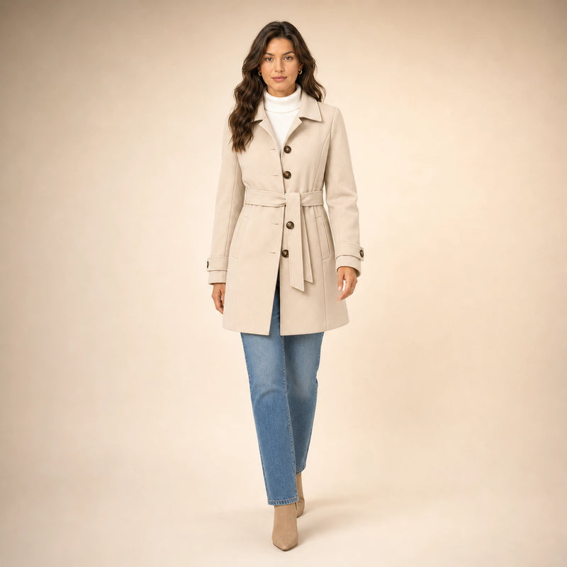 SOFAINE-V5-2026-07-07 Sofaine Emma women's belted trench coat in Champagne, styled full look