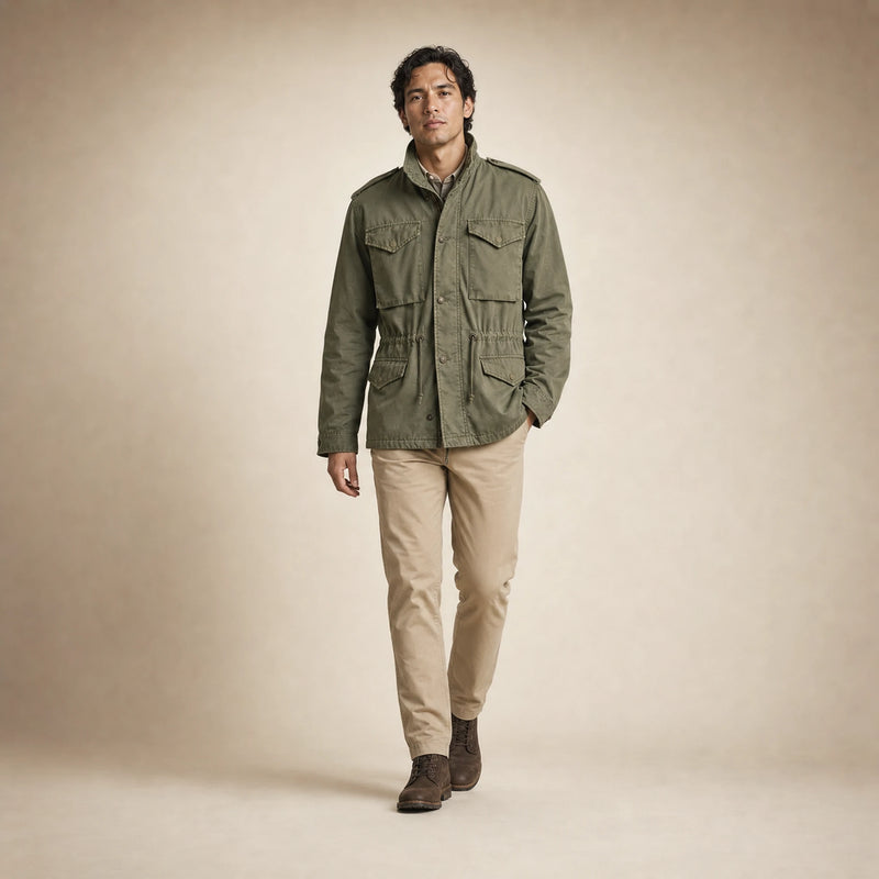 SOFAINE-V5-2026-07-07 Sofaine Elijah men's military field jacket in Green, styled full look