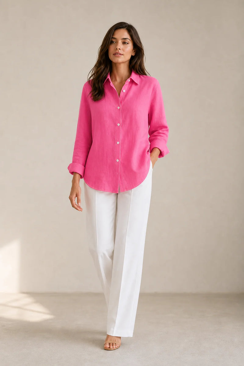 Sofaine Beatrice women's loose-fit linen blouse in Fuchsia, styled full look
