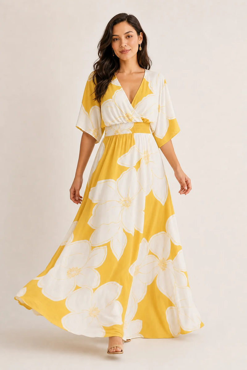 Sofaine Giselle magnolia floral-print maxi dress in Yellow, styled full look