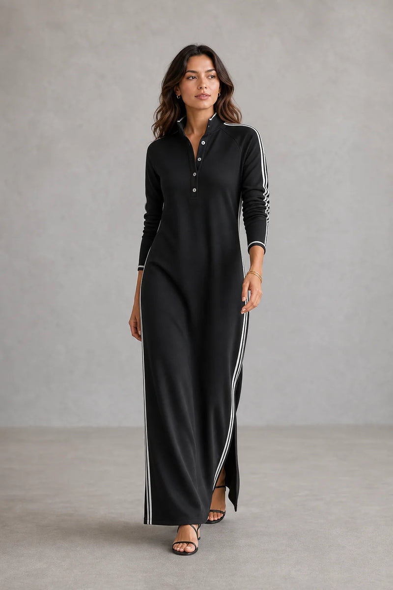 Sofaine Lily women's button-collar sweatshirt maxi dress in Black, styled full look