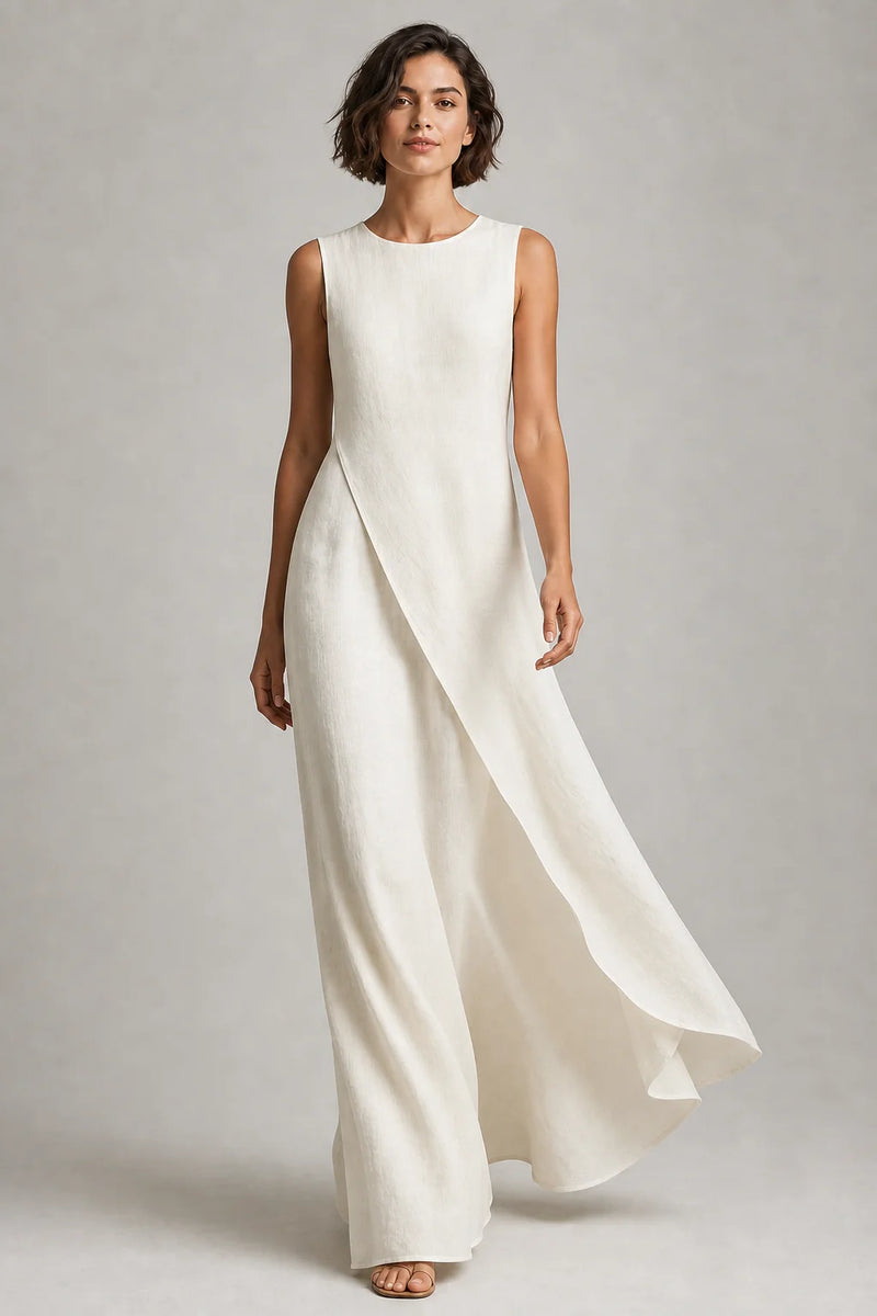 Sofaine Daphne asymmetric drape linen maxi dress in Ivory, styled full look