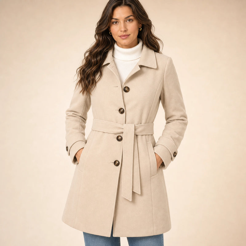 SOFAINE-V5-2026-07-07 Sofaine Emma women's belted trench coat in Champagne, worn belt and collar detail