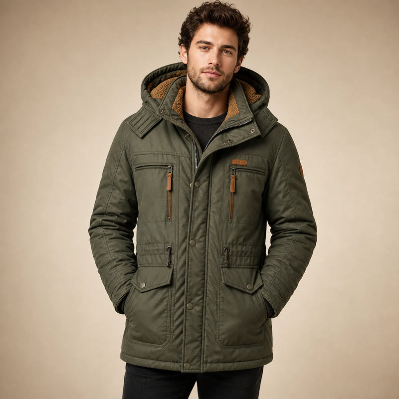 SOFAINE-V5-2026-07-07 Sofaine Oliver men's fleece-lined winter jacket in Green, worn hood and zip detail