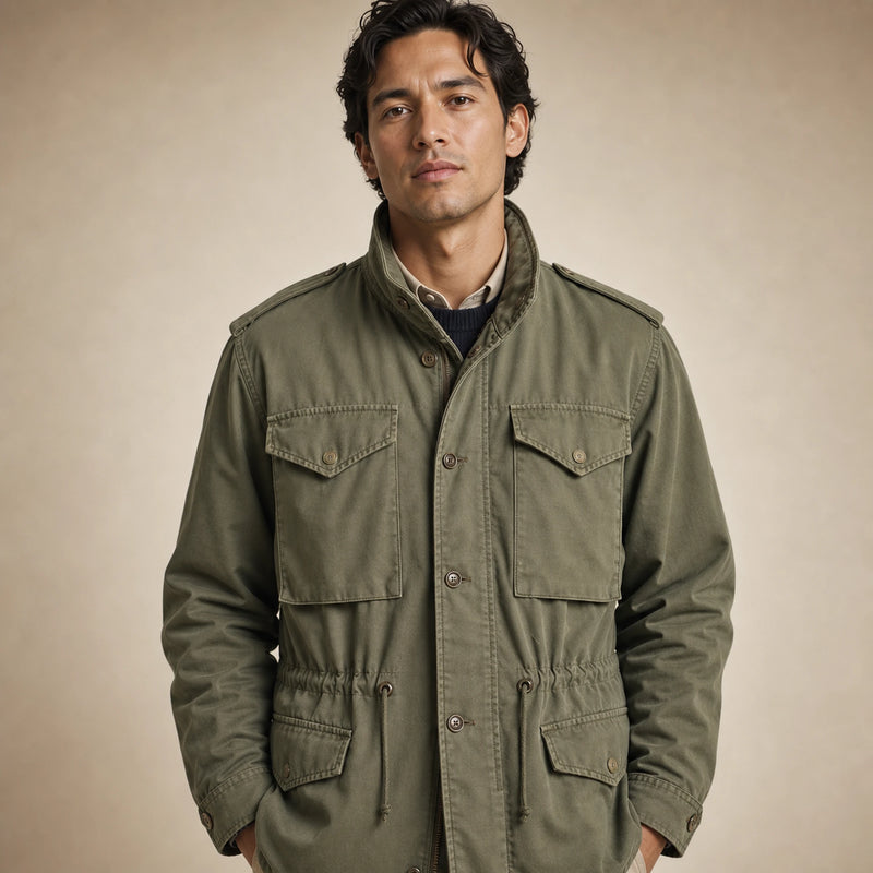 SOFAINE-V5-2026-07-07 Sofaine Elijah men's military field jacket in Green, worn utility pocket detail