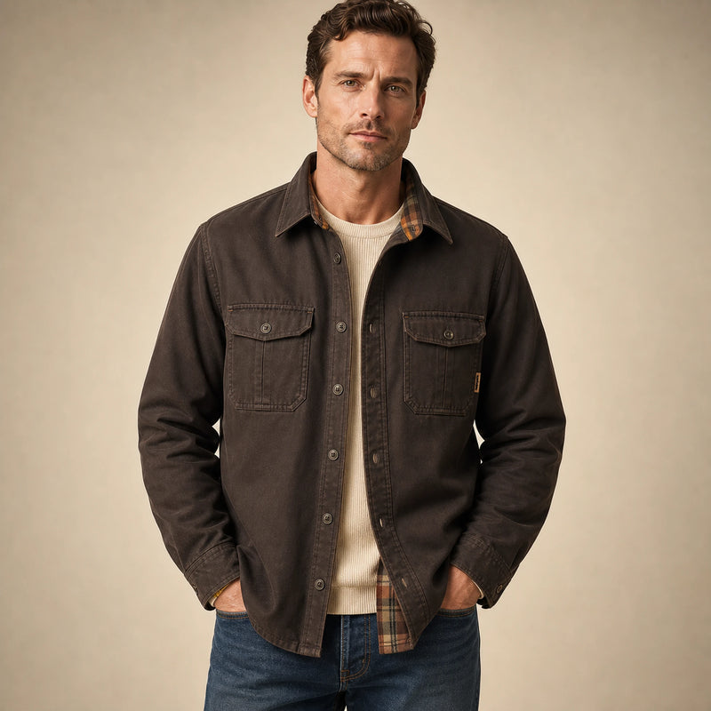 SOFAINE-V5-2026-07-07 Sofaine James men's waxed cotton jacket in Dark Brown, worn collar and pocket detail