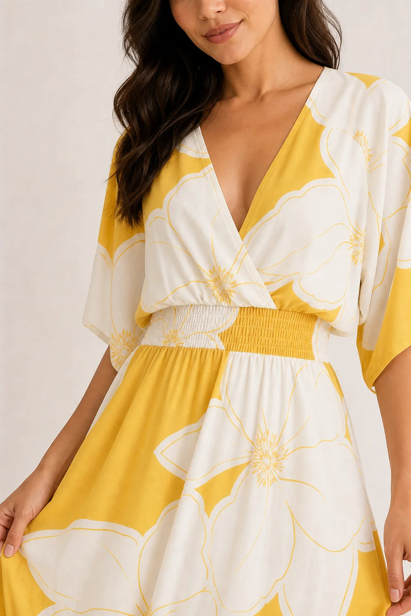 Sofaine Giselle magnolia floral-print maxi dress in Yellow, floral print and smocked waist detail