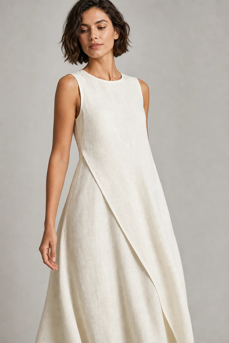Sofaine Daphne asymmetric drape linen maxi dress in Ivory, asymmetric drape and linen texture detail