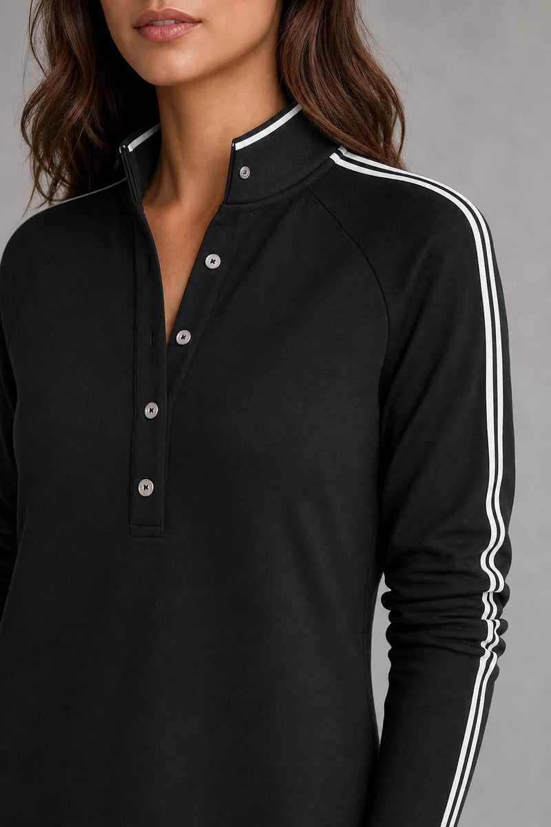 Sofaine Lily women's button-collar sweatshirt maxi dress in Black, collar and sleeve stripe detail