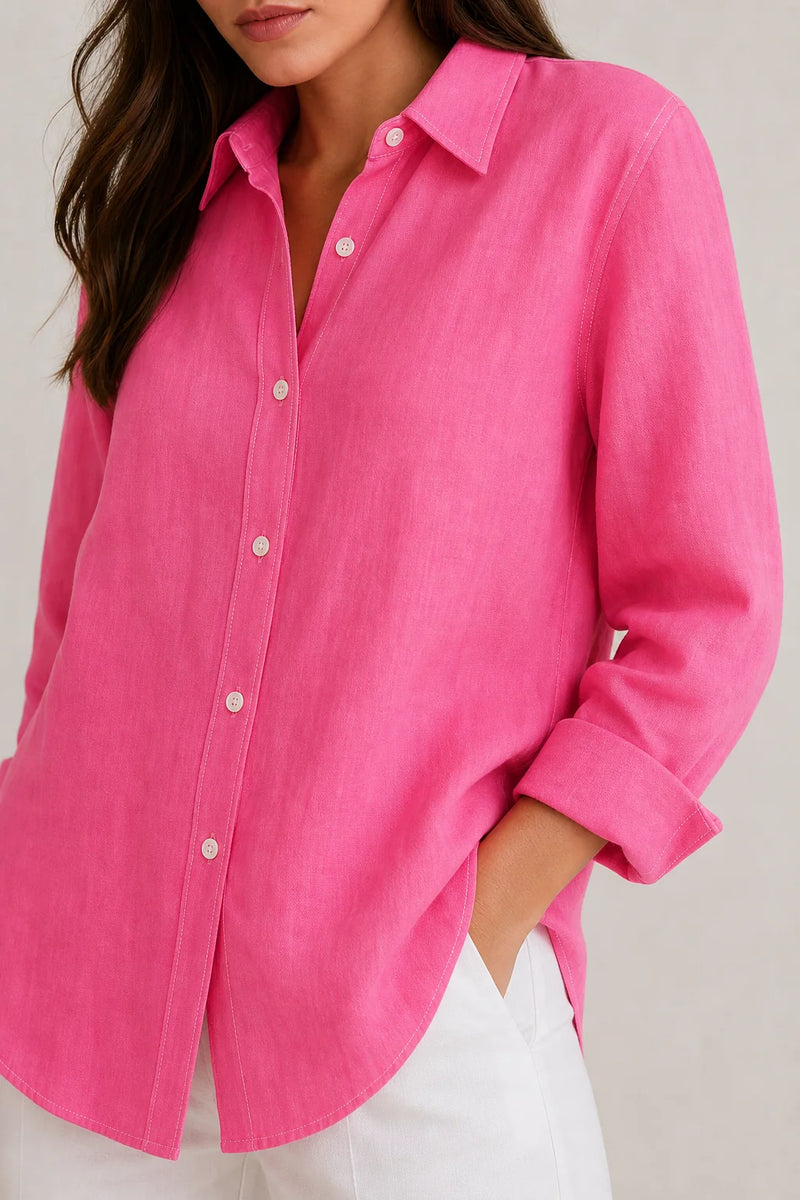 Sofaine Beatrice women's loose-fit linen blouse in Fuchsia, collar and button placket detail