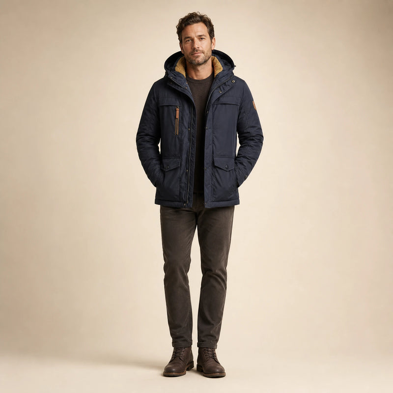 SOFAINE-V5-2026-07-07 Sofaine Oliver men's fleece-lined winter jacket in Blue, worn front hero