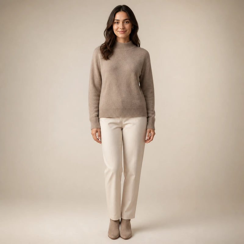 SOFAINE-V5-2026-07-07 Sofaine Olivia women's cashmere mock-neck sweater in Brown, worn front hero