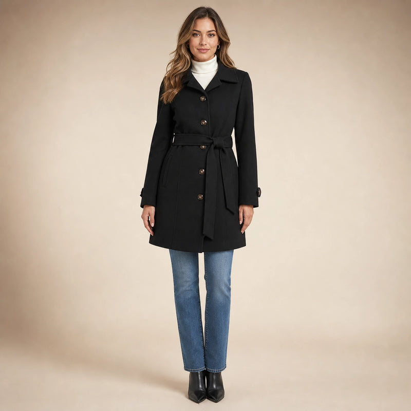 SOFAINE-V5-2026-07-07 Sofaine Emma women's belted trench coat in Black, worn front hero