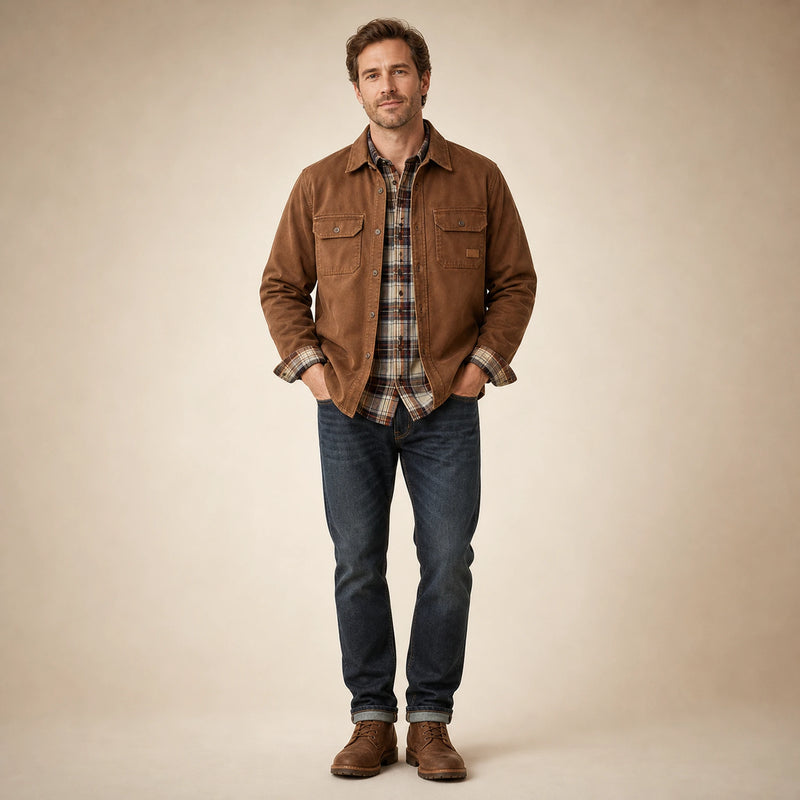 SOFAINE-V5-2026-07-07 Sofaine James men's waxed cotton jacket in Brown, worn front hero