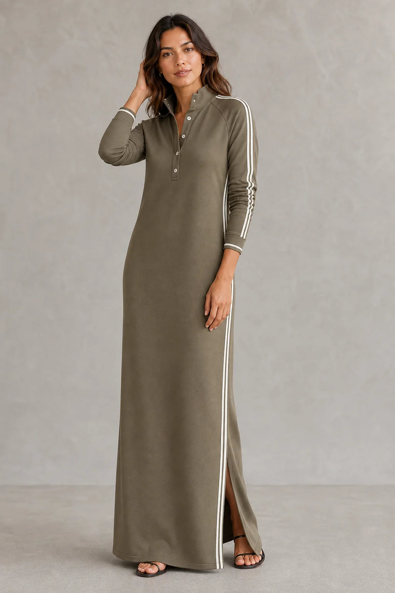 Sofaine Lily women's button-collar sweatshirt maxi dress in Khaki, worn