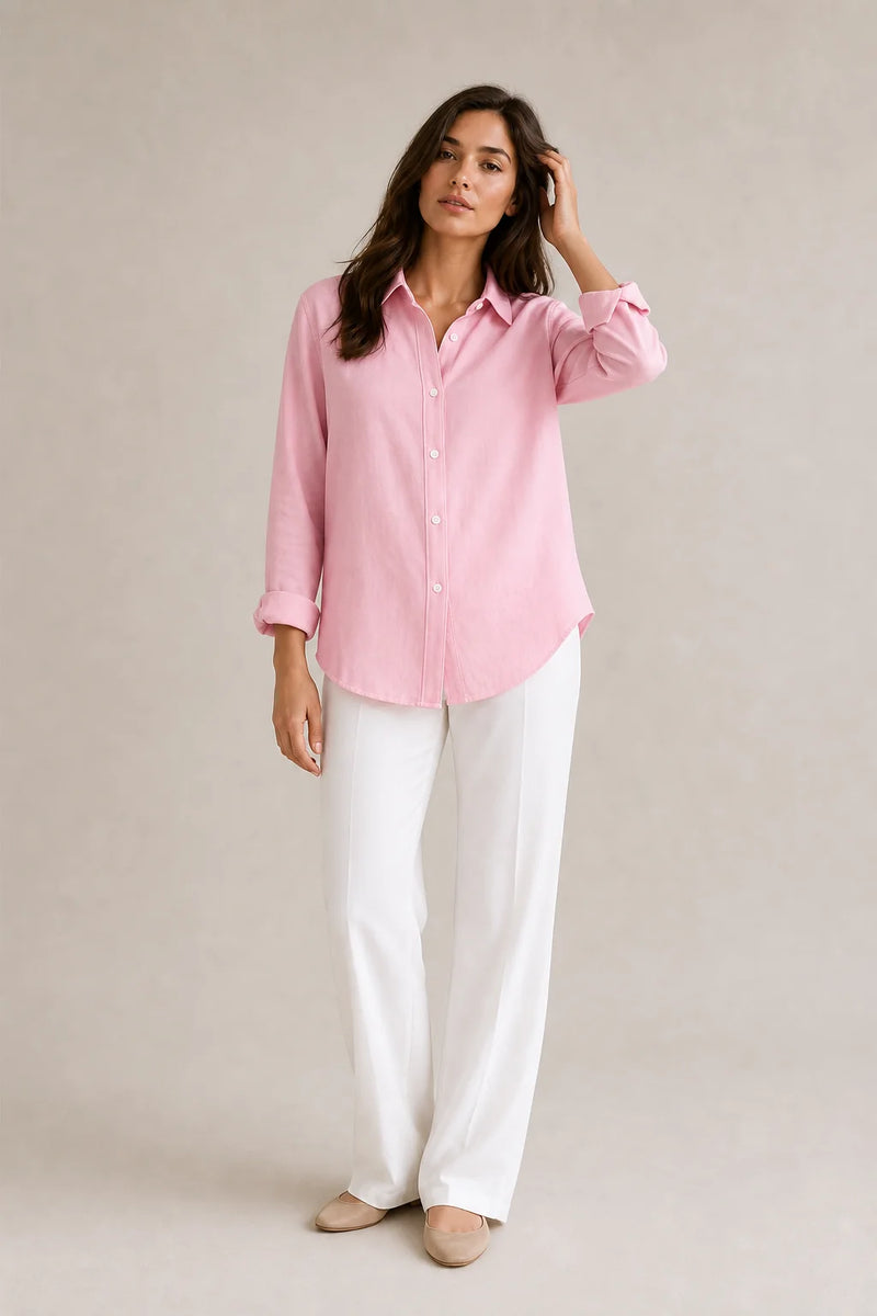 Sofaine Beatrice women's loose-fit linen blouse in Pink, worn