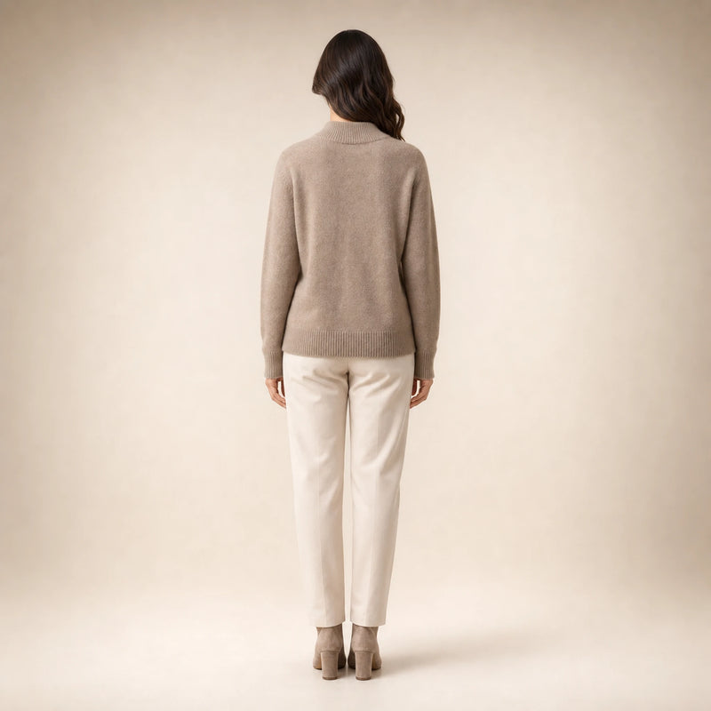SOFAINE-V5-2026-07-07 Sofaine Olivia women's cashmere mock-neck sweater in Brown, worn back