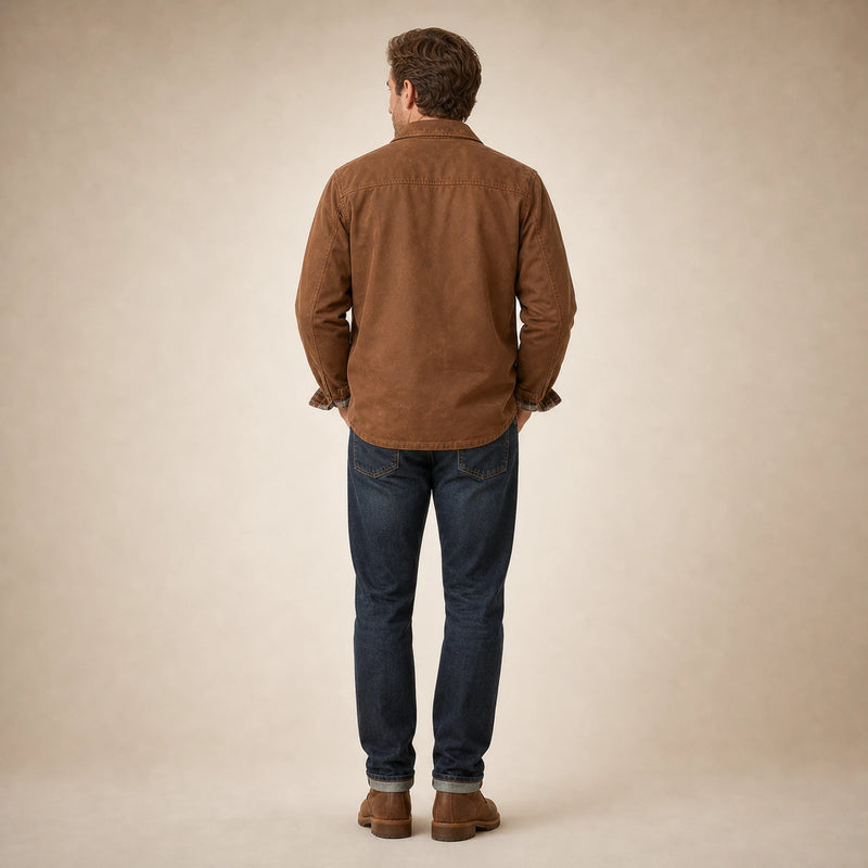 SOFAINE-V5-2026-07-07 Sofaine James men's waxed cotton jacket in Brown, worn back
