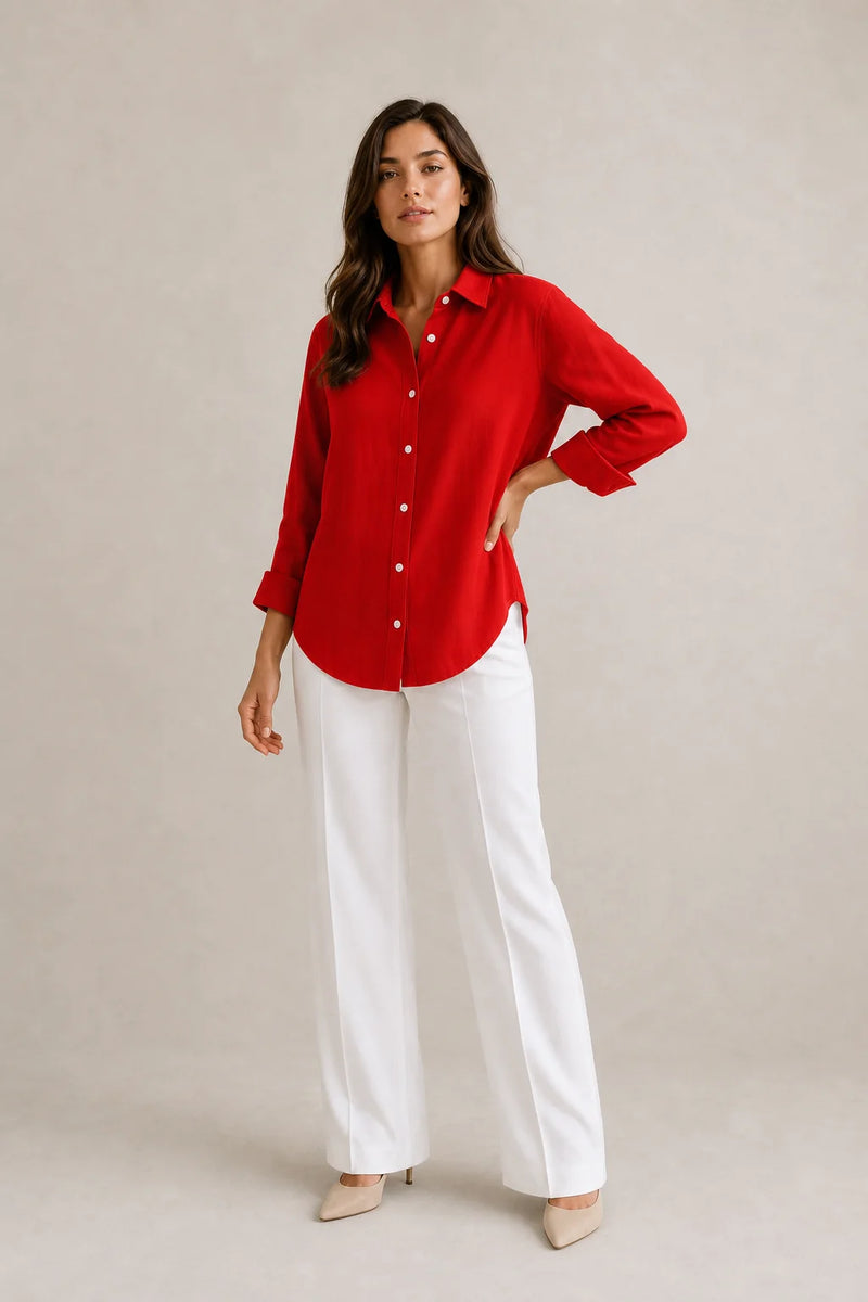 Sofaine Beatrice women's loose-fit linen blouse in Red, worn