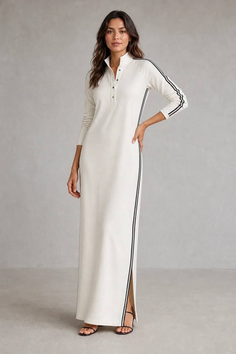 Sofaine Lily women's button-collar sweatshirt maxi dress in White, worn