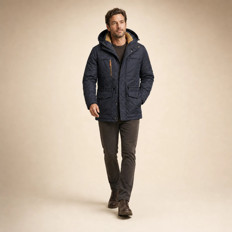 SOFAINE-V5-2026-07-07 Sofaine Oliver men's fleece-lined winter jacket in Blue, styled full look