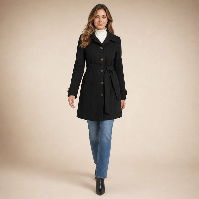 SOFAINE-V5-2026-07-07 Sofaine Emma women's belted trench coat in Black, styled full look