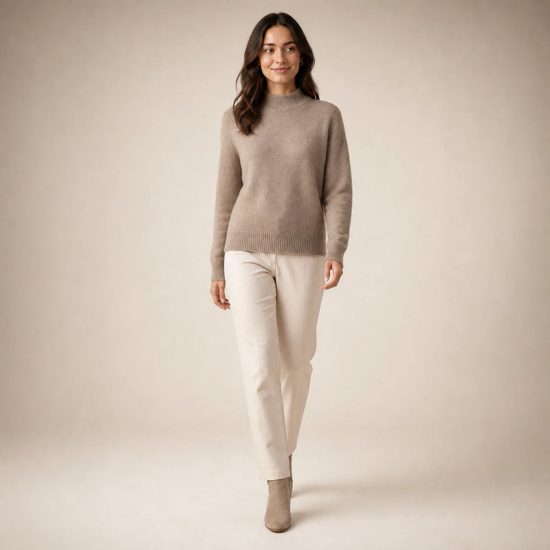 SOFAINE-V5-2026-07-07 Sofaine Olivia women's cashmere mock-neck sweater in Brown, styled full look
