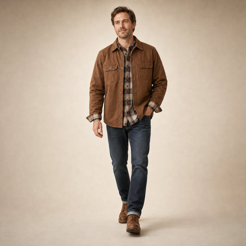 SOFAINE-V5-2026-07-07 Sofaine James men's waxed cotton jacket in Brown, styled full look