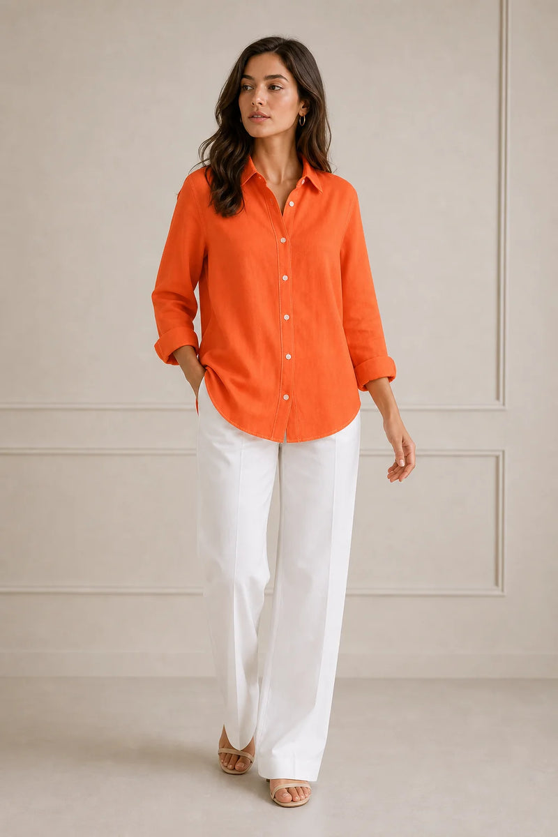 Sofaine Beatrice women's loose-fit linen blouse in Orange, worn