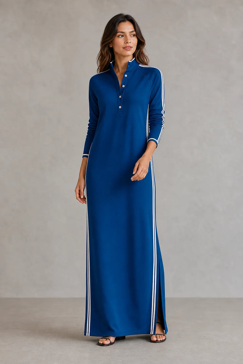 Sofaine Lily women's button-collar sweatshirt maxi dress in Royal Blue, worn