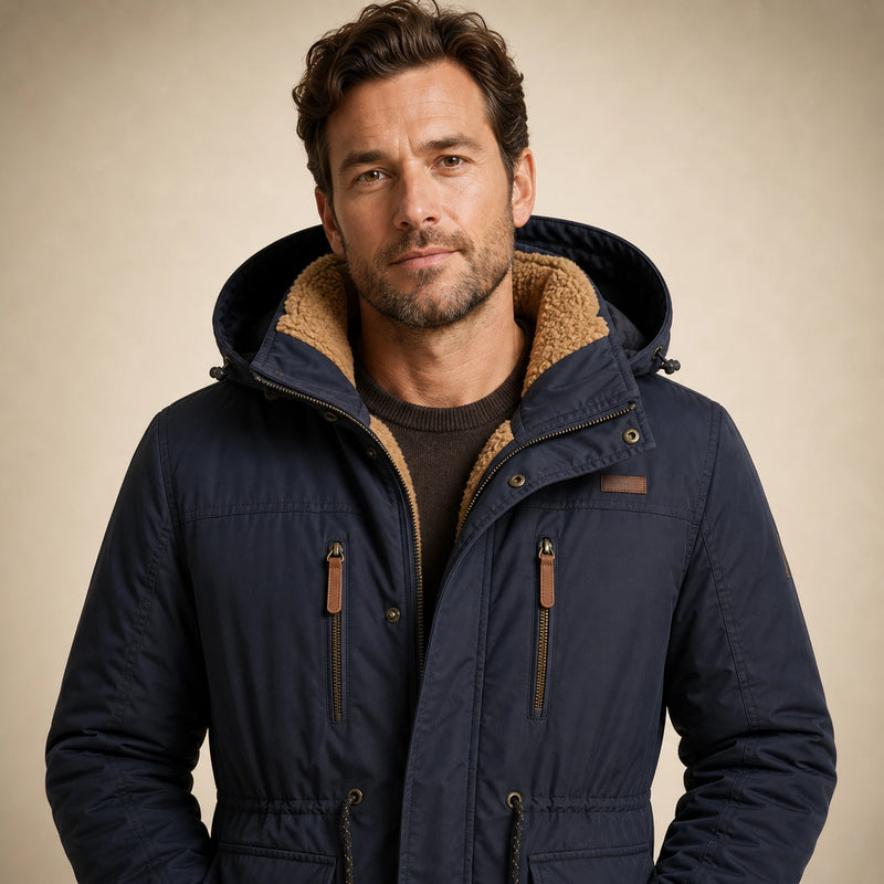 SOFAINE-V5-2026-07-07 Sofaine Oliver men's fleece-lined winter jacket in Blue, worn hood and zip detail