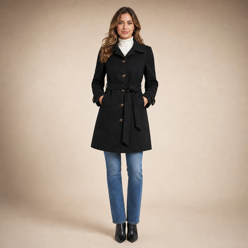 SOFAINE-V5-2026-07-07 Sofaine Emma women's belted trench coat in Black, worn belt and collar detail
