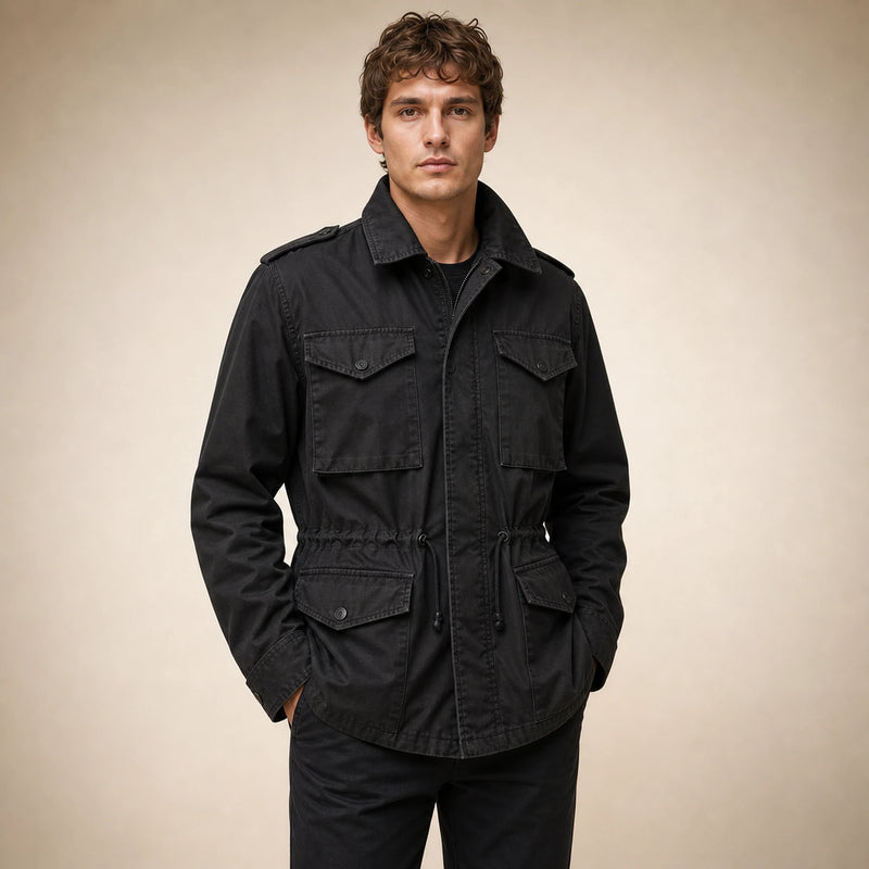 SOFAINE-V5-2026-07-07 Sofaine Elijah men's military field jacket in Black, worn utility pocket detail
