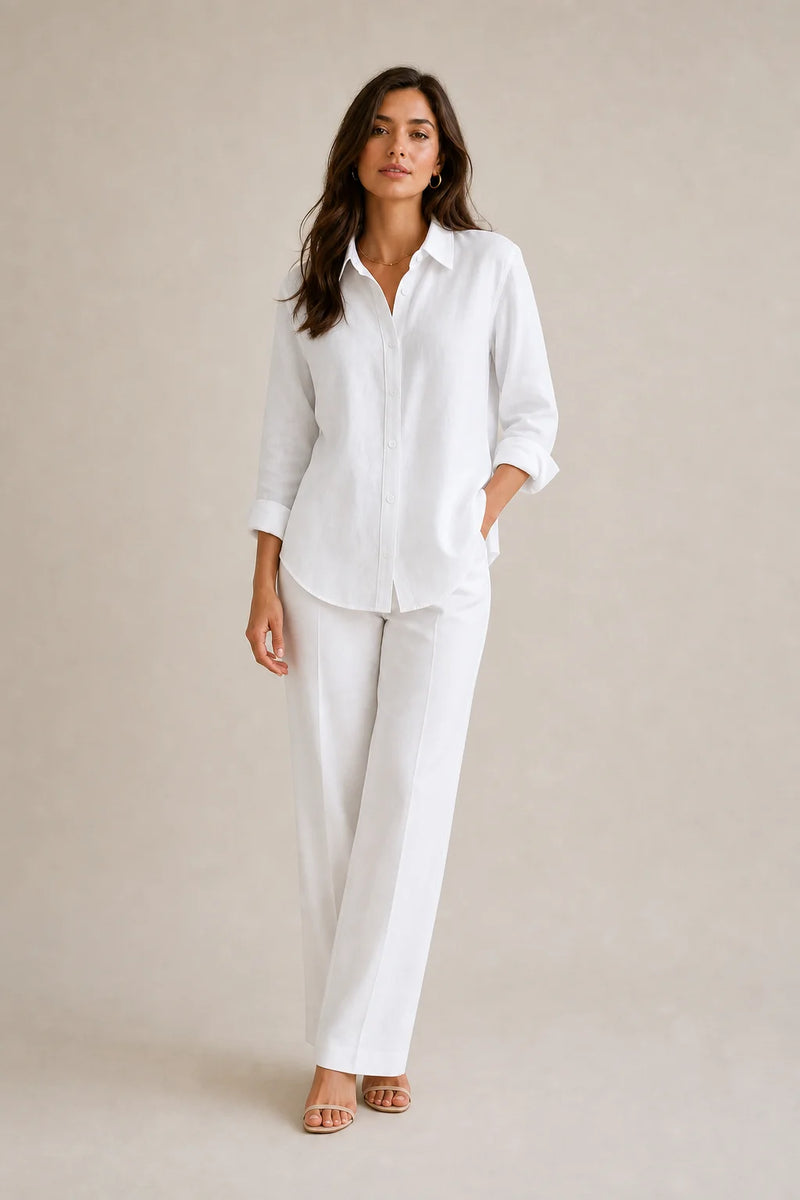 Sofaine Beatrice women's loose-fit linen blouse in White, worn