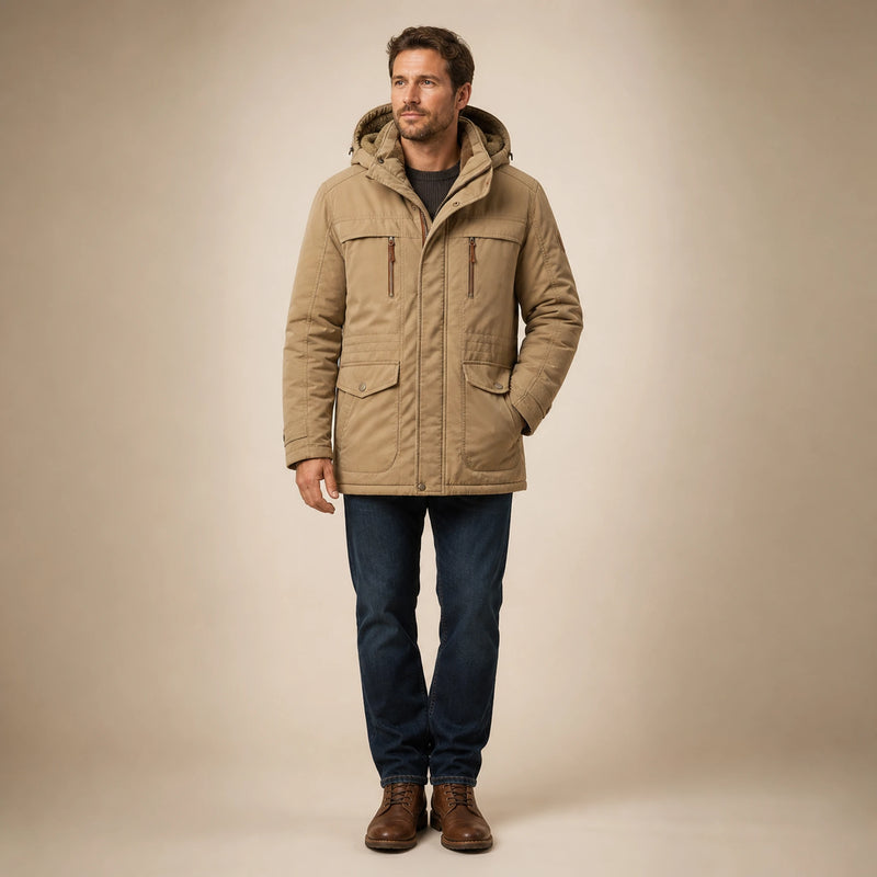 SOFAINE-V5-2026-07-07 Sofaine Oliver men's fleece-lined winter jacket in Khaki, worn front hero