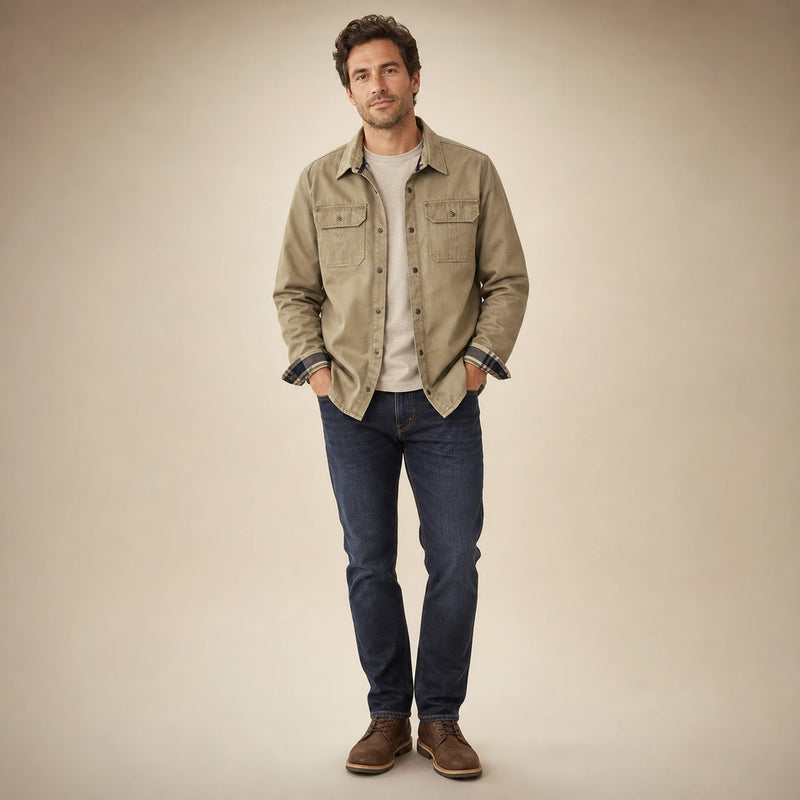 SOFAINE-V5-2026-07-07 Sofaine James men's waxed cotton jacket in Beige, worn front hero