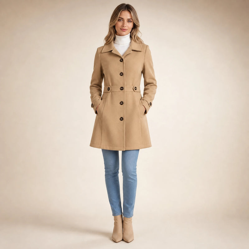 SOFAINE-V5-2026-07-07 Sofaine Emma women's belted trench coat in Khaki, worn front hero