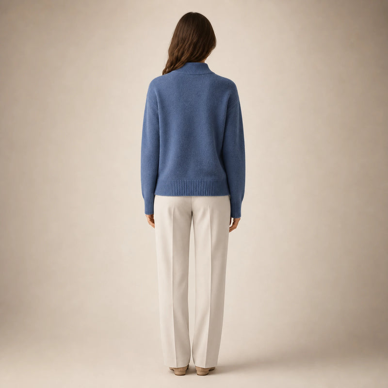 SOFAINE-V5-2026-07-07 Sofaine Olivia women's cashmere mock-neck sweater in Blue, worn back